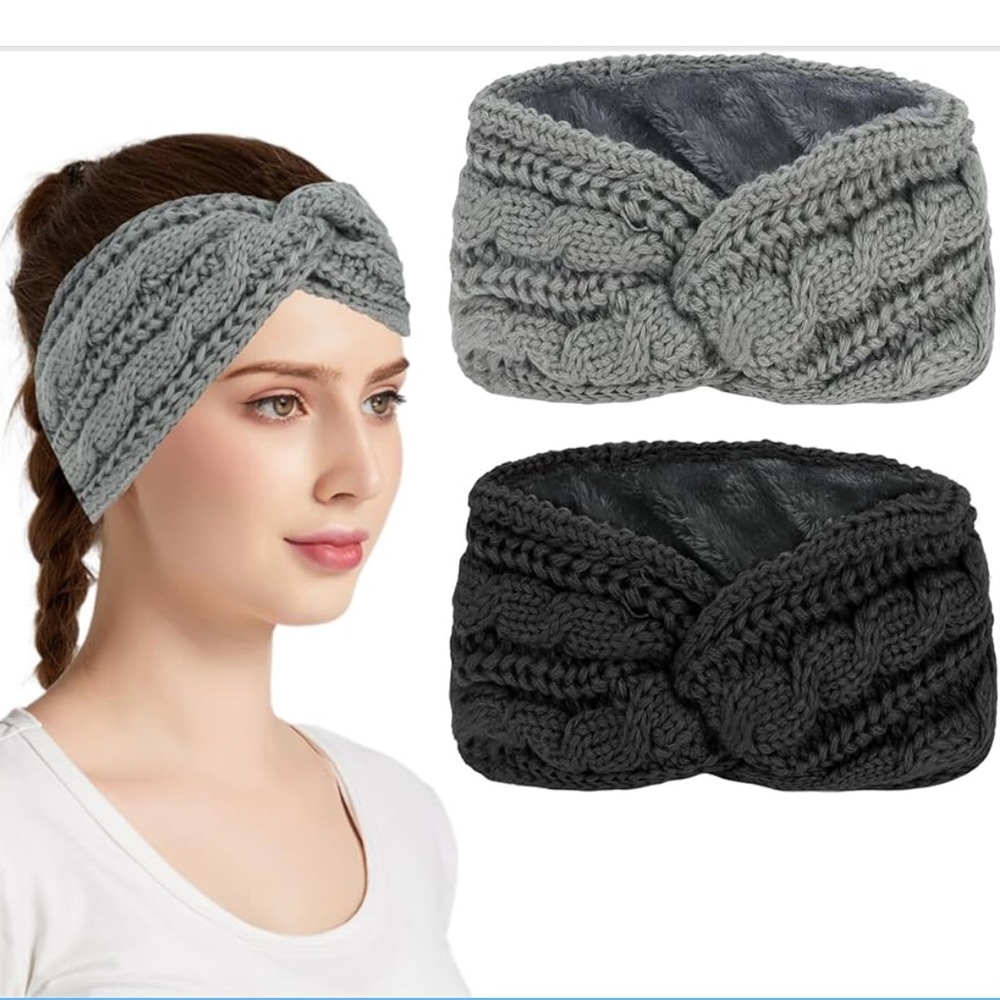 NWB TWO PACK Cable Knit Twist Headband Ear Warmer Set; Faux Fur Lined
